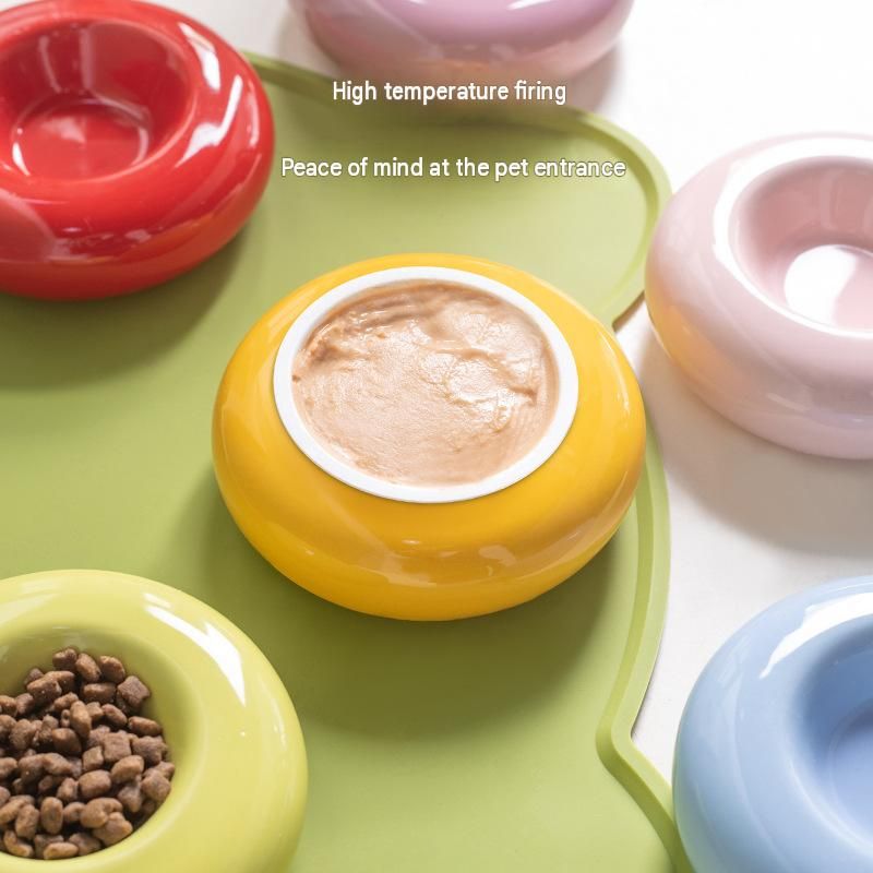 Pink Ceramic Pet Donut Bowl - 50ml  Food Dish for Cats and Small Dogs - Non Slip Base, Easy Clean Glaze, Compact Snack Feeder, Pastel Colours, Home and Travel Use
