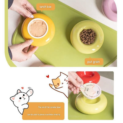 Purple Ceramic Pet Donut Bowl - 50ml  Food Dish for Cats and Small Dogs - Non Slip Base, Easy Clean Glaze, Compact Snack Feeder, Pastel Colours, Home and Travel Use